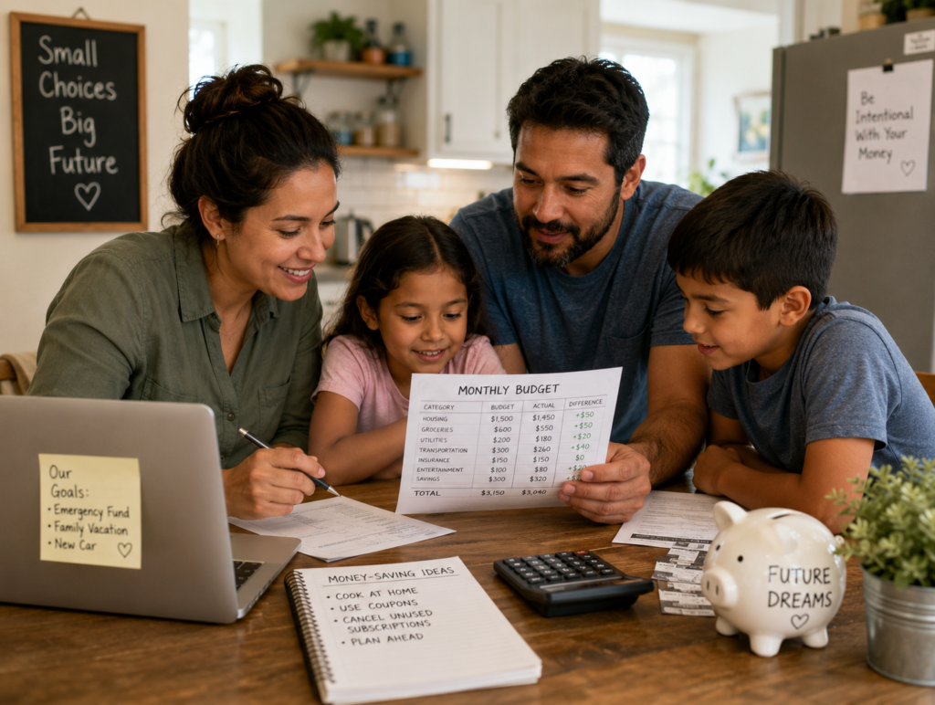 Family reviewing a budget together, practising money-saving habits for families at the kitchen table